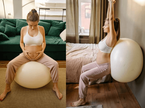 kobieta w ciąży ćwicząca jog na piłce