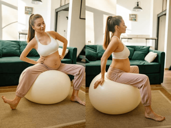 kobieta w ciąży ćwicząca jog na piłce